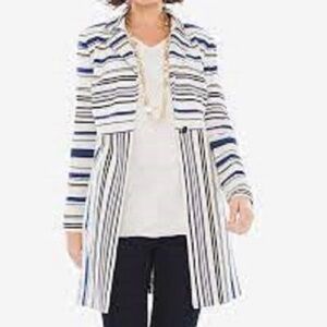 Chico’s Striped Ponte Knit Jacket Blue White Mid Length Blazer Size 1 (8/10)